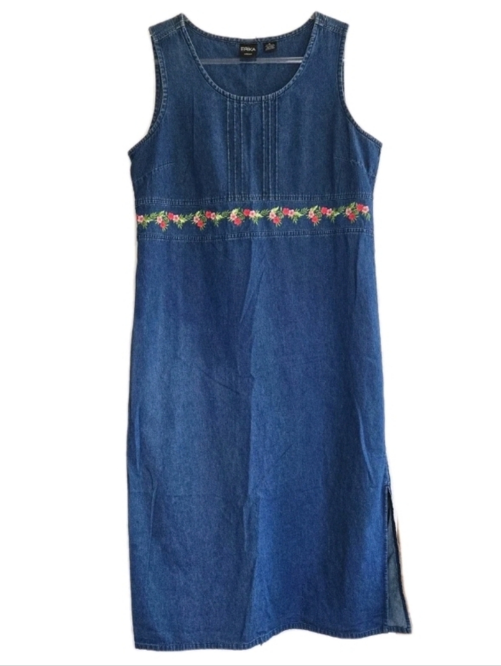 Vintage Erika Denim Maxi Jumper Dress Size XL Floral Embroidery Pintuck Cottage